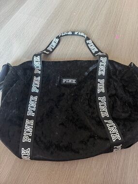 PINK Large Black Plush Tote with Logo Strap
